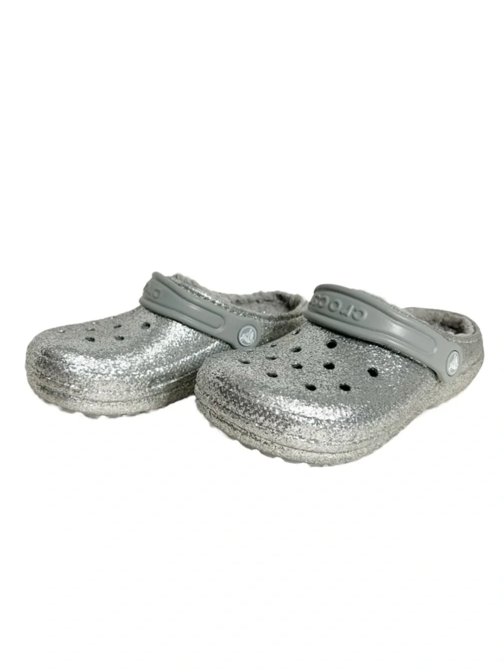 Crocs Classic Glitter Fleece Line Clog Silver/Gray Heel Strap SlipOn Lightweight